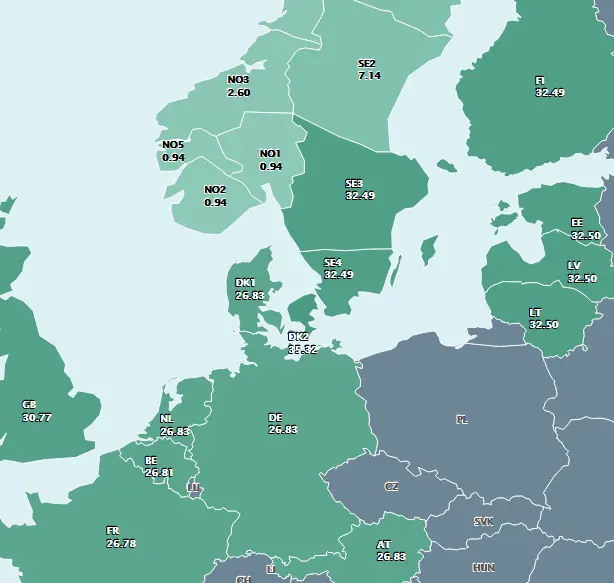 Nordpool Data Center Power Costs Map